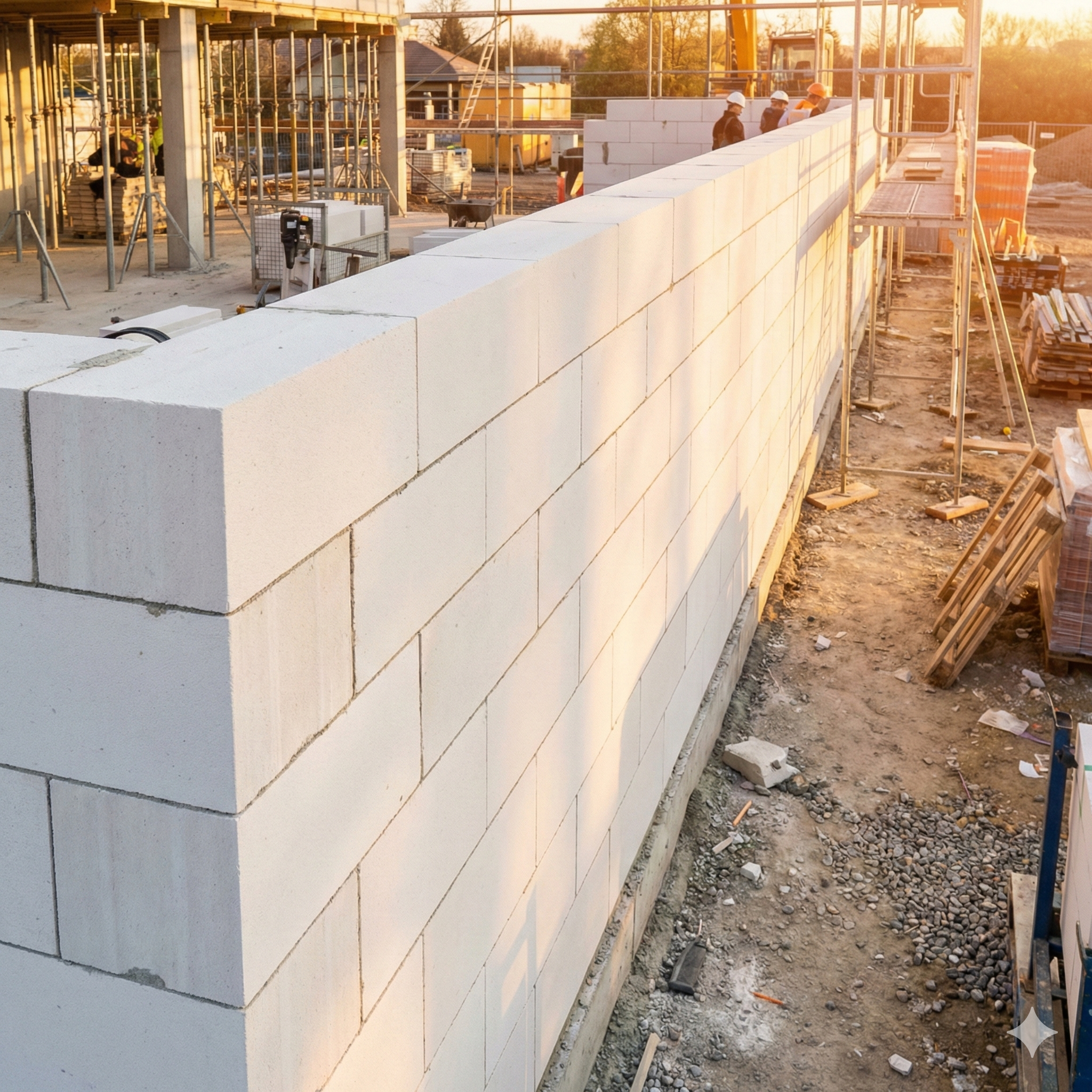 Construction workers laying AAC blocks