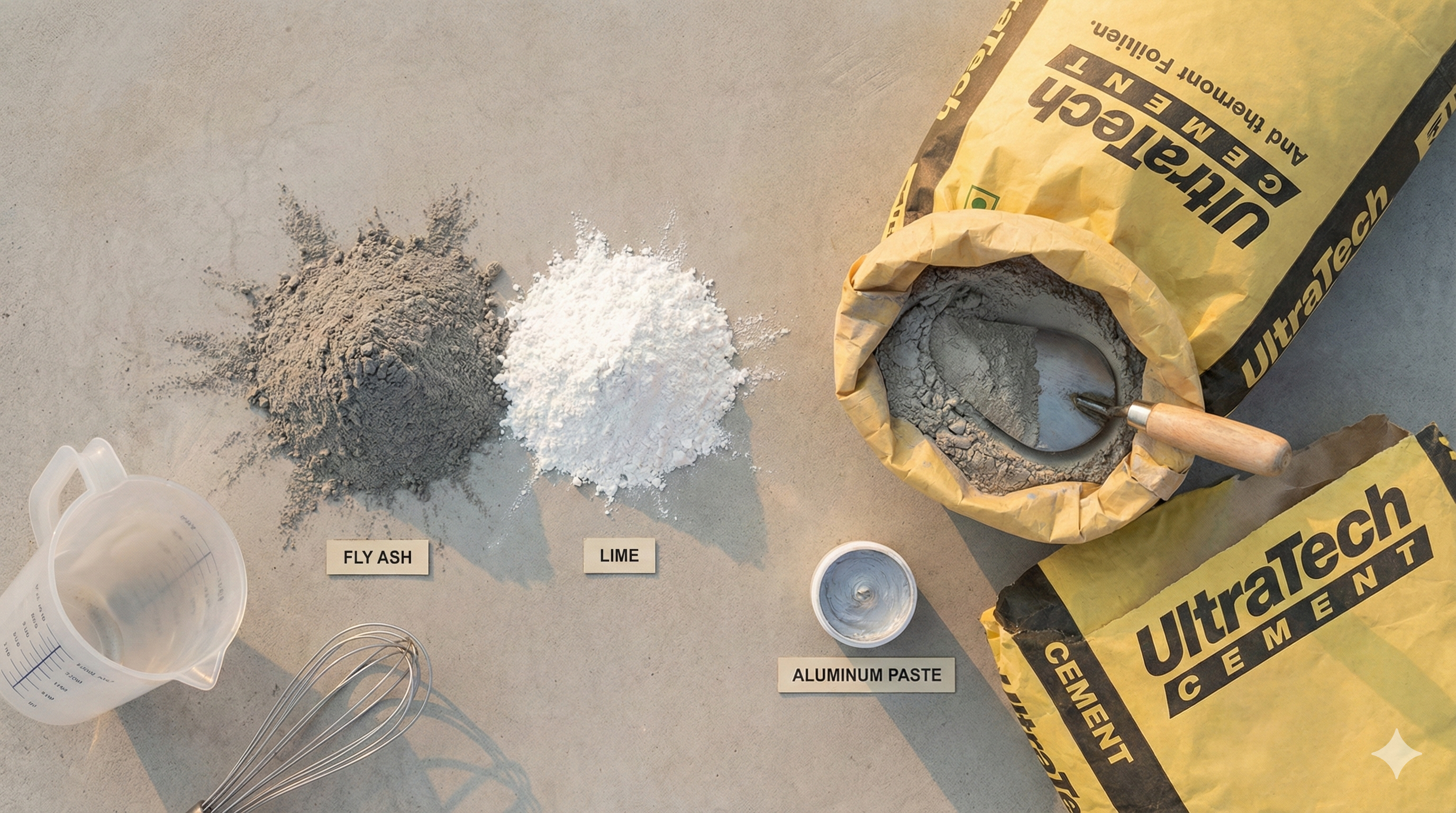 Eco-friendly AAC block raw materials flatlay