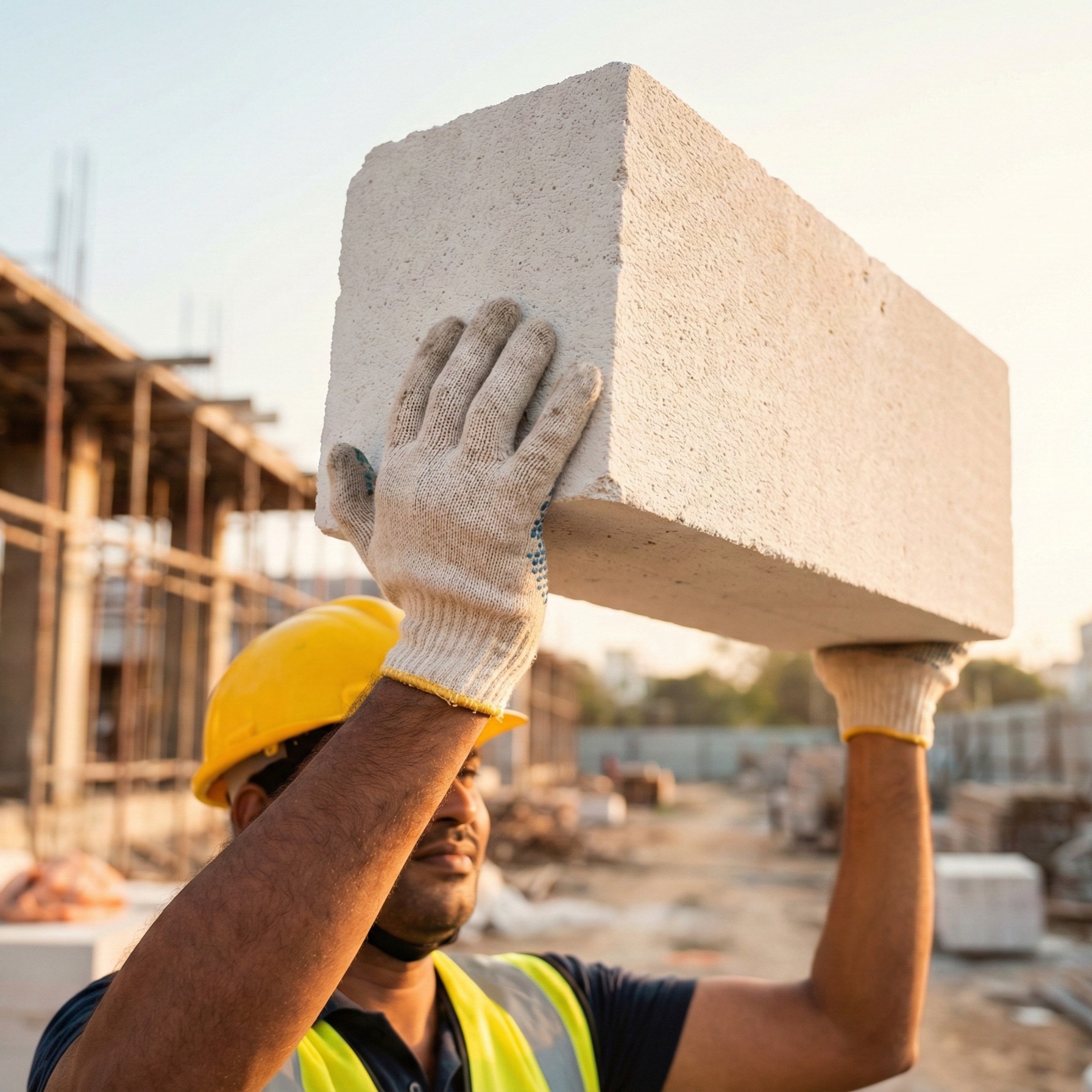 Hands holding AAC block demonstrating lightweight property